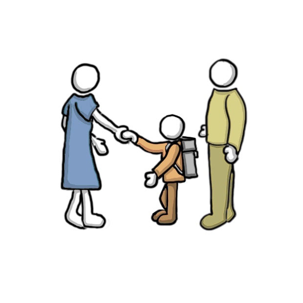 Symbolgrafik Lehrperon schüttelt Hand von Schüler:in