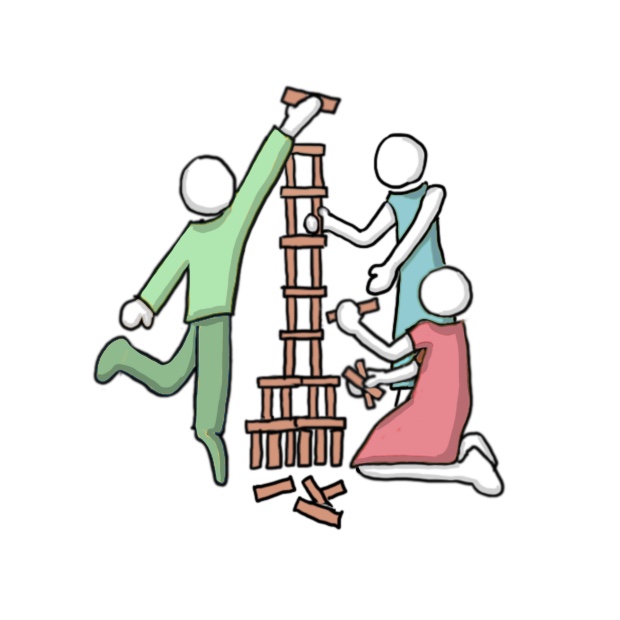 Grafik Drei Kinder bauen Turm aus Holzbausteinen