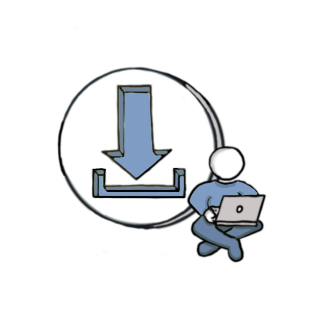 Grafik Person mit Notebook vor Download-Symbol