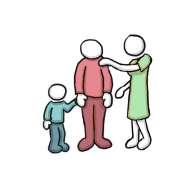 Symbolgrafik Person mit Kind und Sozialarbeiterin